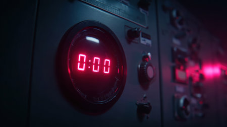 Close-up of a glowing red launch countdown timer in a dark operations room, featuring detailed control panels and dramatic lighting that enhances the tension of the sceneの素材