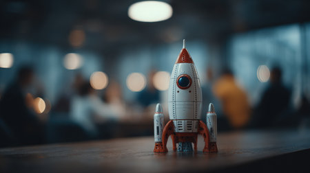 A rocket mock-up is prominently placed on a table during a brainstorming meeting, surrounded by a diverse group of colleagues in a softly lit environmentの素材