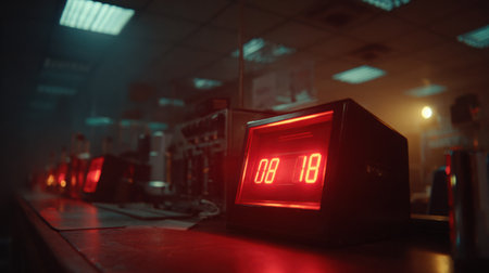 Close-up of a glowing red launch countdown timer in a dark operations room, illuminated by dramatic rim lighting, creating a tense and suspenseful ambianceの素材