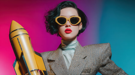 Confident businesswoman proudly displays a colorful rocket trophy, set against a vivid gradient background with dynamic magenta and blue hues, representing achievement and aspirationの素材