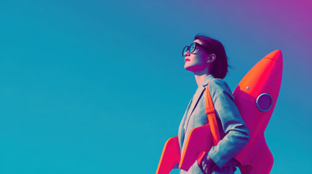 Confident businesswoman poses with a colorful rocket trophy against a vivid gradient backdrop, embodying ambition and success while showcasing a modern, vibrant atmosphereの素材