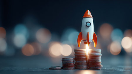 Close-up macro shot of a miniature rocket atop coins, representing startup investment and financial aspirations, enhanced by dramatic side lighting and a soft bokeh effectの素材