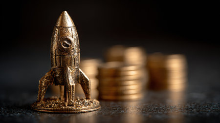 Close-up macro shot of a miniature rocket on stacked coins, symbolizing investment in startups, with dramatic side lighting enhancing textures and detailsの素材