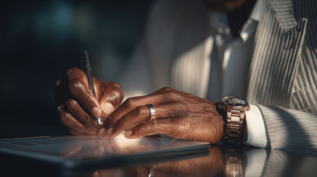 A mixed-race designer is focused on drawing a rocket logo on a tablet, bathed in soft natural light, emphasizing artistic expression and design processの素材