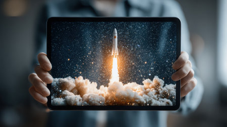 Indian entrepreneur showcases tablet with animated rocket launch, vibrant orange backlighting creating an inspiring atmosphere of innovation and ambition in technologyの素材