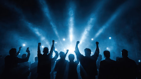 Silhouette of a diverse business team joyfully celebrating in front of a striking digital rocket launch display, illuminated by dramatic backlighting and vibrant colorsの素材