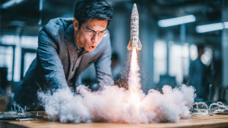 Asian entrepreneur excitedly launching a small rocket from a desk in a contemporary coworking space, with cool-toned morning light and a dynamic atmosphereの素材
