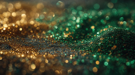 Glittering emerald green and gold bokeh sparkles create a luxurious holiday scene, enhanced by soft warm lighting, perfect for New Year celebrations and festive designsの素材
