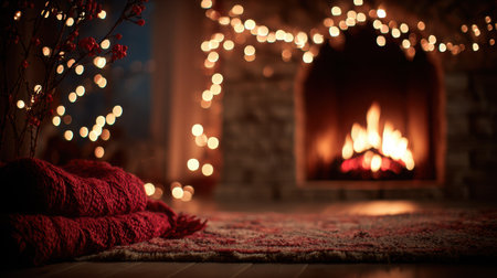 Warm red and orange Christmas background showcases blurred string lights and a gentle fireplace glow, evoking a cozy holiday ambiance with copy space for textの素材