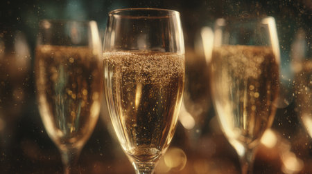 Elegant champagne glasses filled with golden bubbles, set against a shimmering bokeh backdrop, evoking a festive celebration ambiance with soft light reflectionsの素材