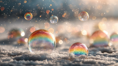 Enchanting winter scene with colorful bubbles hovering above soft snow, surrounded by shimmering bokeh particles, evoking a whimsical fairy-tale vibe and dreamlike qualityの素材