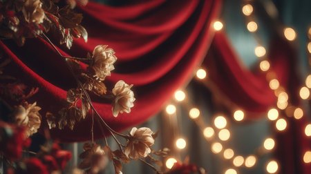 Rich red velvet backdrop features soft glowing fairy lights and delicate floral accents, creating a warm and inviting ambiance perfect for holiday celebrationsの素材