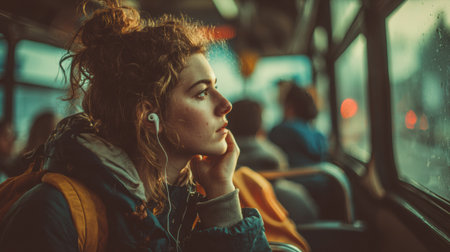 Female traveler with a backpack is lost in thought while looking out the bus window, wearing earplugs, amidst a cozy atmosphere and fellow passengersの素材