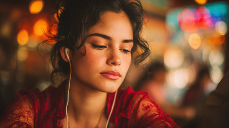 Latina woman is deeply focused on her studies in a bustling cafe, using earplugs to block out noise, surrounded by warm ambient lighting and lively patronsの素材