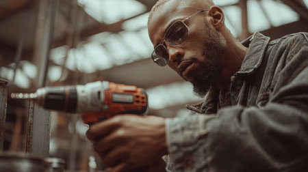 Skilled African American man operates a power drill in a workshop filled with tools and materials, demonstrating expertise and concentration in a well-lit spaceの素材