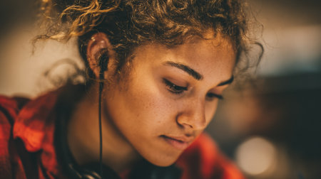 Latina student is deeply engaged in her studies while using earplugs in a bustling cafe, surrounded by warm ambient lighting and a vibrant atmosphereの素材