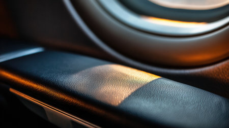 Earplugs placed on a smooth airline armrest, bathed in gentle interior lighting, enhancing the cinematic feel of travel comfort and relaxationの素材