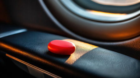 Vibrant red earplugs box positioned on an airline armrest, bathed in warm interior lighting, enhancing the travel experience with a calm and inviting atmosphereの素材
