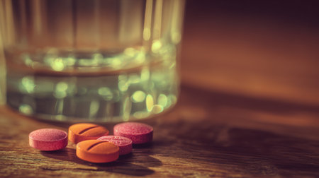 Colorful pills are placed on a rustic wooden nightstand next to a clear glass of water, bathed in soft morning light, evoking a peaceful and tranquil moodの素材