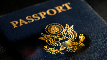 Overhead view of a passport placed on a smooth surface in an airport lounge, enhanced by cool artificial lighting, creating a modern travel atmosphereの素材