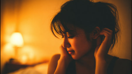 Asian woman is preparing for sleep in a minimalist bedroom, inserting earplugs while warm light from a lamp creates a calming ambiance and inviting atmosphereの素材