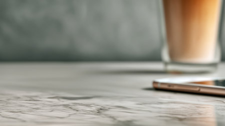 A smartphone placed on a marble surface beside a glass of beverage, featuring clean studio lighting and balanced colors, perfect for lifestyle imagery with copy spaceの素材