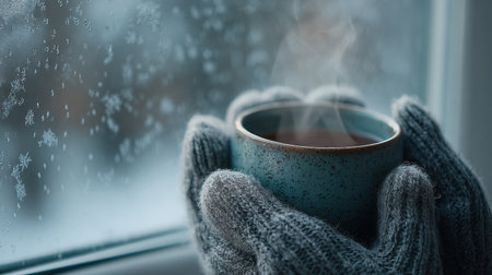 Hands in gray fingerless gloves cradle a warm cup, with steam rising against a frosty window, evoking a sense of comfort and warmth during winter daysの素材