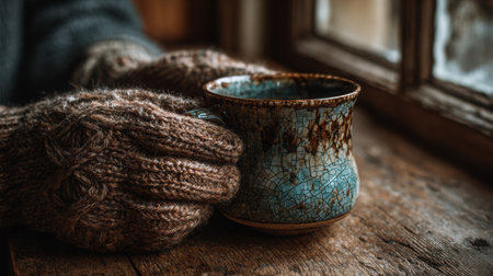 Hands in warm knitted gloves cradle a unique blue ceramic mug on a weathered wooden table, creating a serene atmosphere of comfort and tranquilityの素材