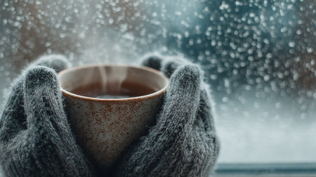 Hands in gray wool fingerless gloves hold a warm cup of coffee, with snow falling outside a window, evoking a sense of comfort and warmth during winterの素材