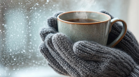 Hands in gray fingerless gloves hold a warm cup of coffee, with a snowy window scene in the background, evoking a sense of comfort and warmth during winterの素材
