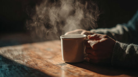 Hands of a man are holding a steaming white ceramic mug on a rustic wooden surface, evoking a sense of warmth and comfort in a cozy settingの素材
