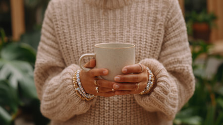 Female hands with bracelets gently cradle a cozy mug, surrounded by lush greenery, creating a warm and inviting atmosphere for relaxation and comfortの素材