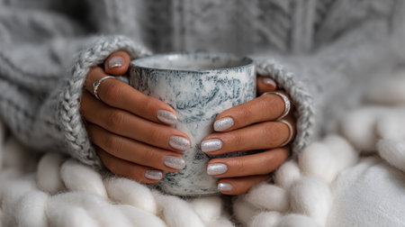 Hands adorned with silver rings cradle a beautifully textured ceramic mug, nestled in soft knit fabric, evoking a sense of warmth and tranquility in a cozy settingの素材