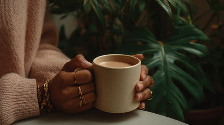 Hands of a young woman, decorated with bracelets, are holding a warm ceramic cup, set against a backdrop of vibrant green plants, evoking a serene and inviting ambianceの素材