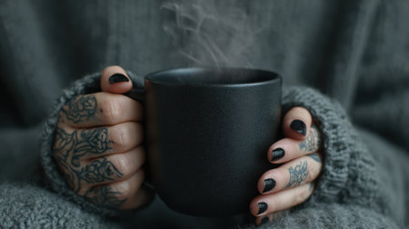 Hands adorned with wrist tattoos cradle a steaming black mug, surrounded by soft textures and a cozy atmosphere, inviting warmth and comfort in a minimalist sceneの素材