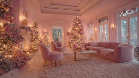 Pastel pink Christmas interior showcases plush seating and beautifully decorated trees, radiating warmth and charm, perfect for festive winter gatherings and holiday cheerの素材