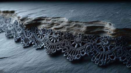 Detailed view of folded black mourning veil lace on a sleek slate surface, enhanced by soft cool lighting that casts deep shadows and highlights texturesの素材