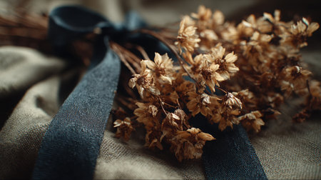 A close-up view of small dried flowers beautifully tied with a black ribbon on a muted olive background, enhanced by soft warm light, evoking a tranquil atmosphereの素材