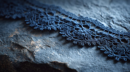 Intricate black mourning veil lace rests gracefully on a textured slate surface, enhanced by soft cool key light that casts deep shadows, creating a moody ambianceの素材