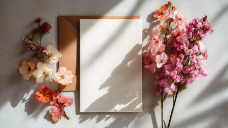 Flat lay arrangement featuring a condolence card, envelope, and colorful pressed flowers on a pastel gray surface, illuminated by soft diffused lightの素材