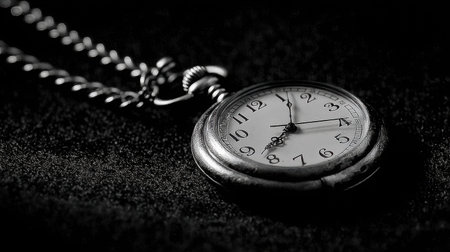 This vintage pocket watch, frozen at midnight, rests on a charcoal background, enhanced by cool side lighting, creating a striking minimalist compositionの素材