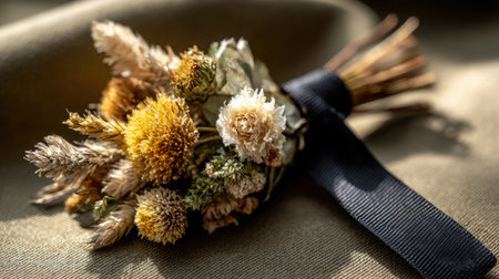 This image features a close-up of small dried flowers beautifully wrapped in a black ribbon, resting on a muted olive backdrop illuminated by soft warm lightの素材