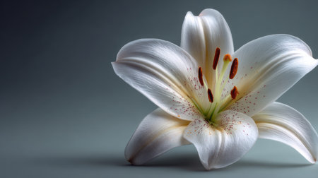 Close-up of a white lily lying gracefully on a gray background, enhanced by soft diffused lighting that casts subtle shadows and evokes tranquilityの素材