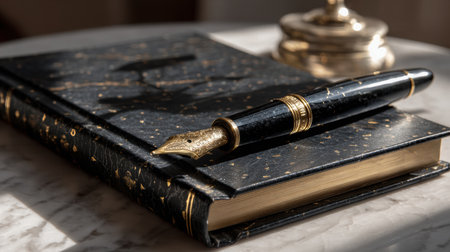 A beautifully crafted memorial book accompanied by an exquisite pen, placed on a polished marble background, bathed in gentle light, evoking a sense of remembrance and tranquilityの素材