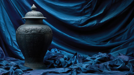 The dark ceramic urn features intricate designs, positioned gracefully on a textured navy backdrop, illuminated by soft overhead lighting for a tranquil atmosphereの素材