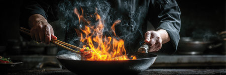 Close-up of chef in black attire expertly preparing Thai cuisine in a sizzling wok, flames rising dramatically, creating an intense and captivating cooking atmosphereの素材