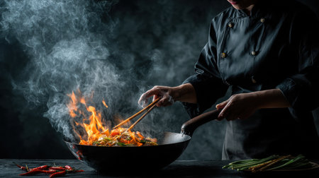 Closeup of a chef in a black uniform expertly preparing Thai cuisine in a sizzling wok pan, with flames and smoke enhancing the dramatic culinary sceneの素材