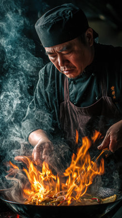 Close-up of a chef in a black uniform expertly preparing Thai cuisine in a hot wok, with flames and smoke enhancing the dynamic cooking sceneの素材