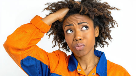 Female worker in an orange jacket, gazing thoughtfully with a curious expression, reflecting on challenges and solutions in a professional environmentの素材