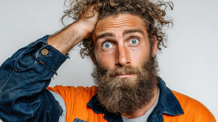 Male worker in orange and blue clothing, displaying a puzzled expression while scratching his head, capturing a relatable moment of confusion in a work environmentの素材